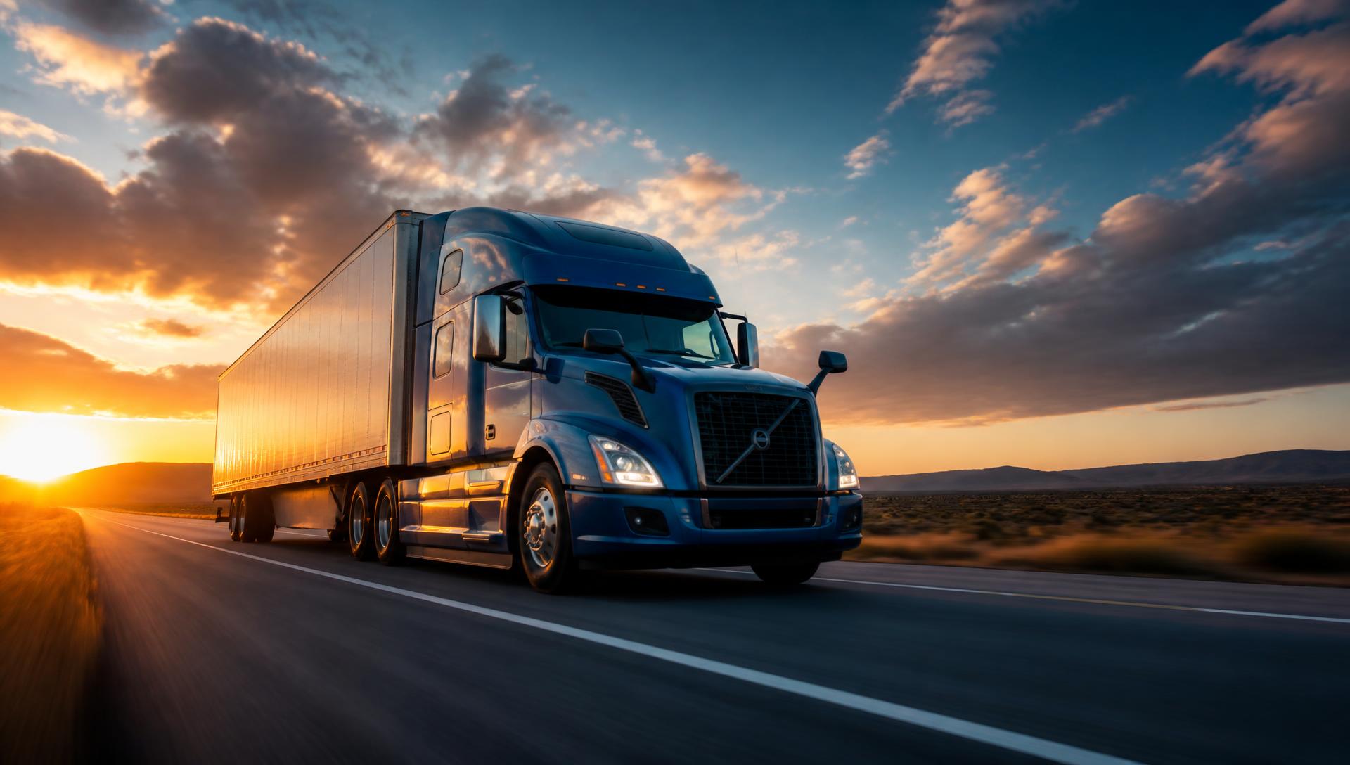 Semi truck driving on the highway at sunset